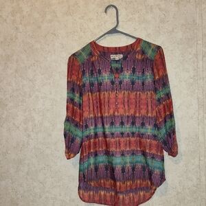 Kim Rogers Red and Orange Graphic Blouse with Mandarin Collar